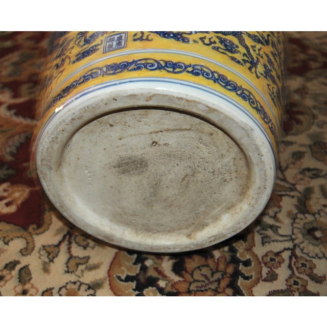 1920s Chinese Yellow-Ground Blue and White Dragon Floor Vase With Apocryphal Kangxi Mark For Sale - Image 12 of 12