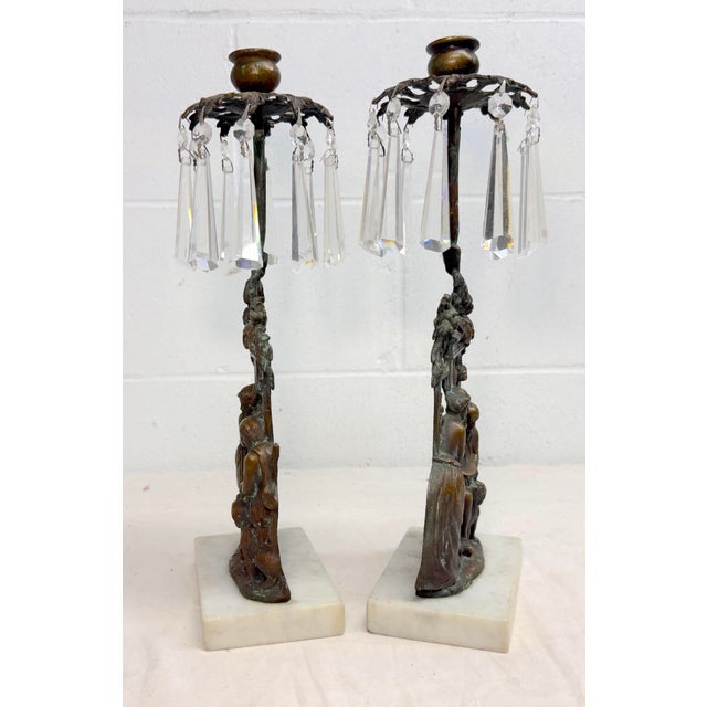 Pair of Antique Ornate Figural Brass Marble Crystal Girandole Candle Holders For Sale - Image 11 of 13