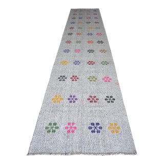 1960s Vintage Hand Woven Turkish Kilim Runner Rug Flat Weave Stair Runner Rug - 3′9″ × 19′2″ For Sale