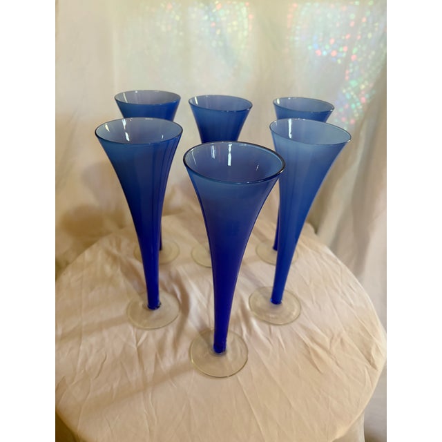 Vintage Post Modern Hollow Stem Cobalt Blue Flute Glasses a Set 6 For Sale - Image 6 of 6