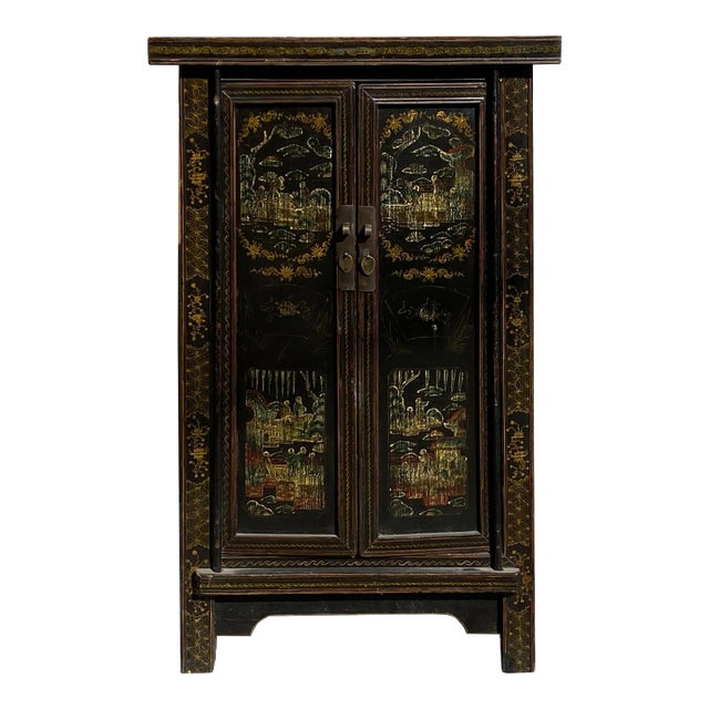1980s Chinese Vintage Distressed Color Scenery Graphic Dresser Cabinet For Sale