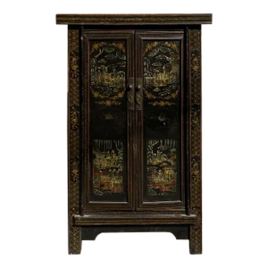1980s Chinese Vintage Distressed Color Scenery Graphic Dresser Cabinet