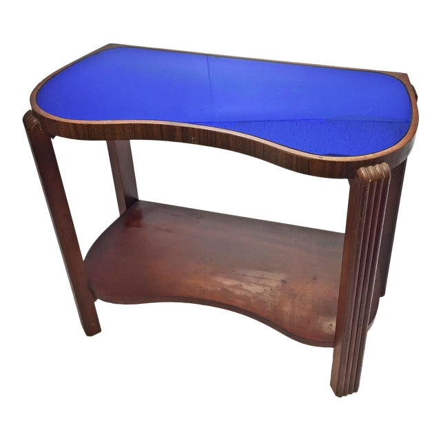 Art Deco Kidney Shaped Cocktail Table with Blue Mirrored Glass Top