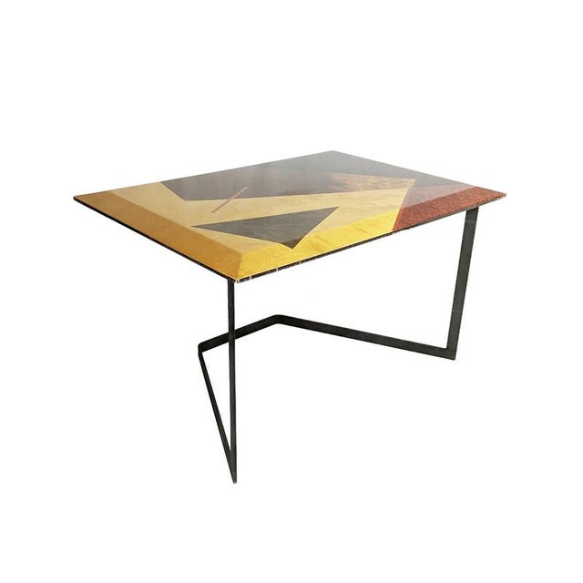 Wooden Table with Geometric Inlays and Metal Base by Offredi for Saporiti, 1980s For Sale - Image 14 of 14