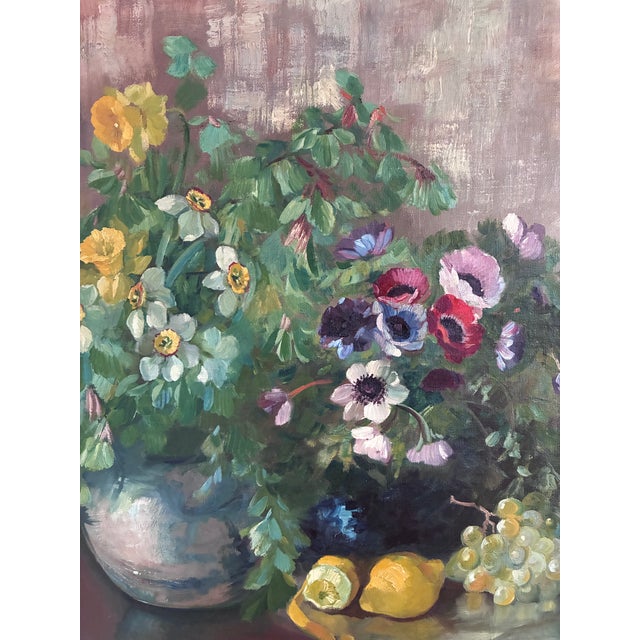 1930s Large Vintage Original Floral Still Life Painting With Fruit For Sale - Image 5 of 18