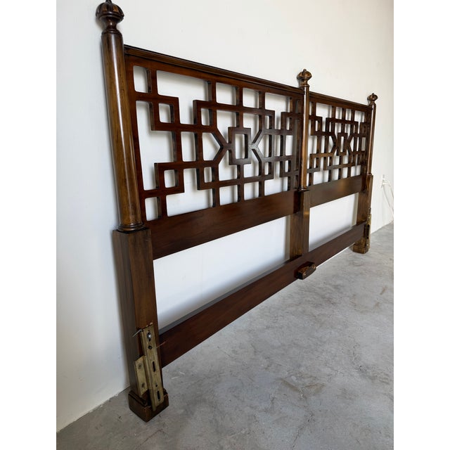 1970s Baker Hollywood Regency Style Walnut Fretwork King Size Headboard For Sale - Image 10 of 13