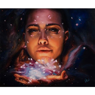 Don't Say it Outloud by Tiffany Dae | Oil on dibond Portrait of a woman with glowing hands. For Sale