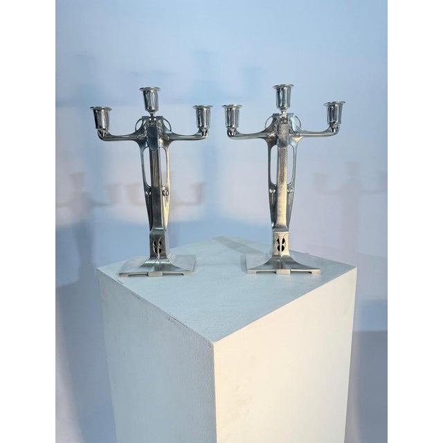 Jugendstil Candlesticks in Pewter by Achille Gamba from Hille, 1920, Set of 2 For Sale - Image 12 of 13