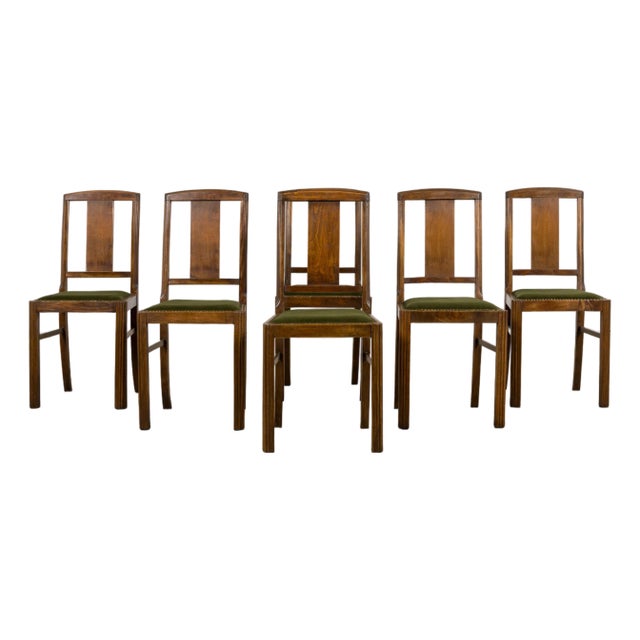 1930s French Art Deco Maple Dining Chairs W/ Olive Green Velvet - Set of 6 For Sale