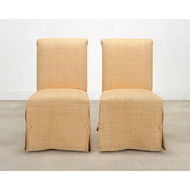 Contemporary Pair of Skirted Scroll-Back Woven Raffia Slipper Chairs For Sale - Image 3 of 18