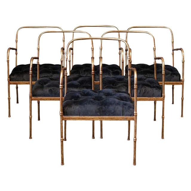 Set of Faux Bamboo Gilt Iron Armchairs in the Style of Jacques Adnet For Sale