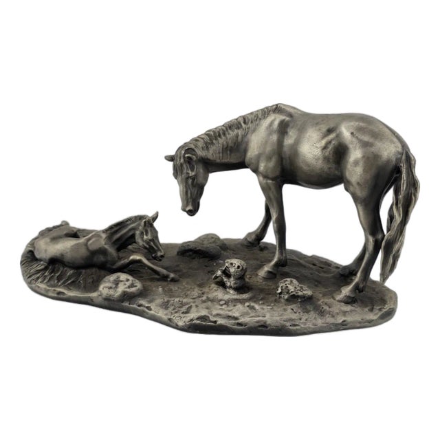 1970s Polland Franklin Mint Pewter Horse Mare Foal Newborn Western Wildlife Figurine For Sale