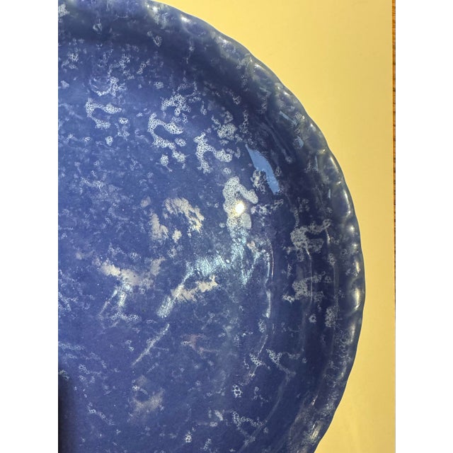 Farmhouse Vintage Bybee Pottery Cobalt Blue and White Sponge Ruffled Pie Plate - 9.5" (Unused) For Sale - Image 3 of 8