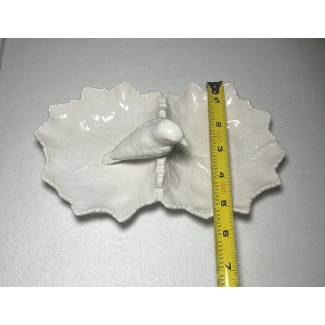 Ceramic 1990s Bordallo Pinheiro White Double Leaf With Bird Dish For Sale - Image 7 of 7