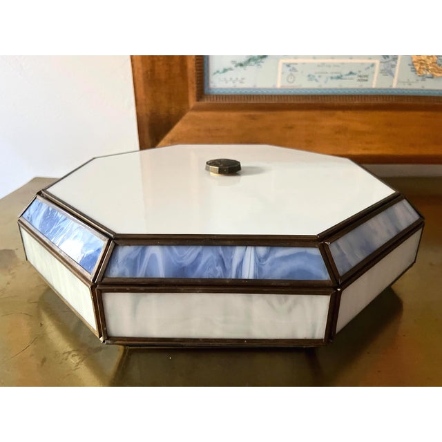 Mid Century Blue & White Tiffany Style Flush Light For Sale - Image 17 of 18