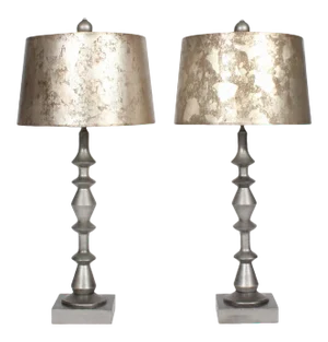 Mid-Century Modern Geometric Shaped Silver Lamps and Shades - A Pair