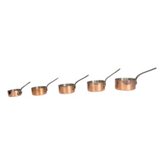 Graduated French Copper Sauce Pans With Iron Handles - Set of 5 For Sale