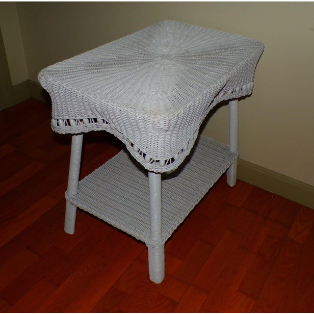 Vintage White Draped Wicker Rattan Sculpted Beaded Coffee Table Plant Stand For Sale In Boston - Image 6 of 18