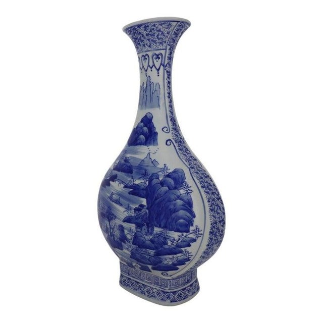 Blue Chinese Scenic Blue & White Stoneware Pillow Vase 20thC For Sale - Image 8 of 8
