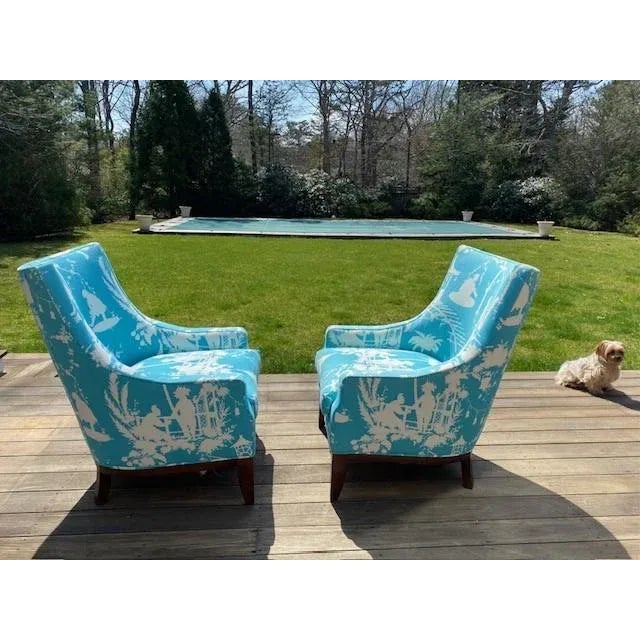 Lee Jofa A Pair of Custom Curved Chinoiserie Style Wingback Chairs For Sale - Image 4 of 11