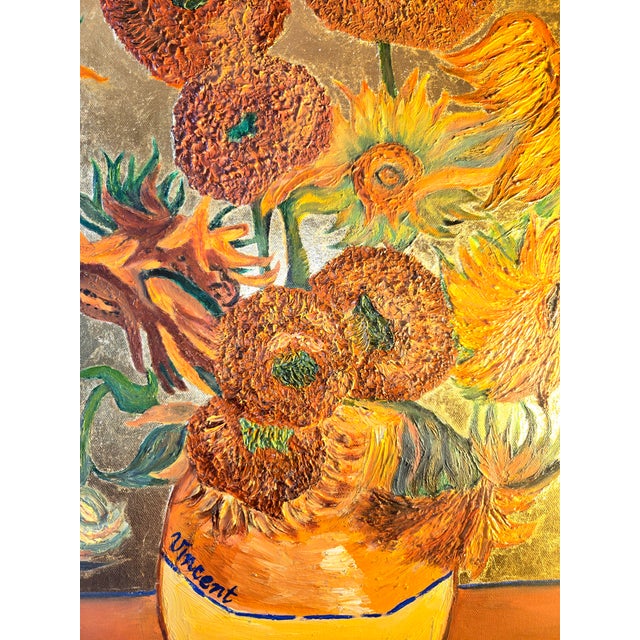 Contemporary Fine Art Sunflowers Hand Painted in Oils With Gold Leaf on Canvas For Sale - Image 4 of 18