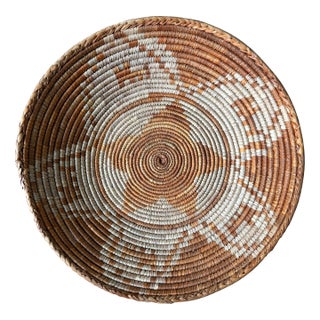 African Coiled Straw Basket, 14 In. Diameter, Rust and Natural For Sale