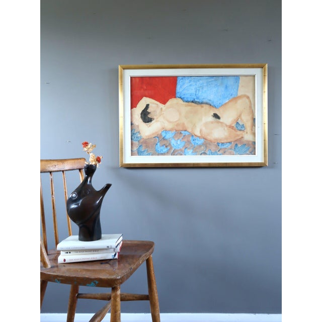Mid-Century Modern 'Reclining Figure on Rug' Original Swedish Figurative Watercolour Painting, Framed For Sale - Image 4 of 12