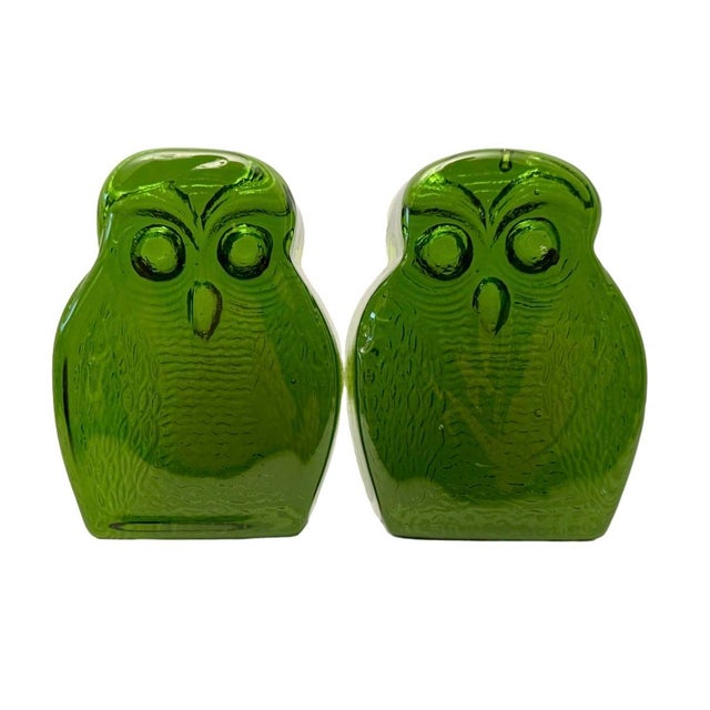 Mid-Century Modern Blenko Glass Owl Bookends Pair Green Emerald Joel Myers 7” Vintage MCM 1960s M4. For Sale - Image 3 of 7