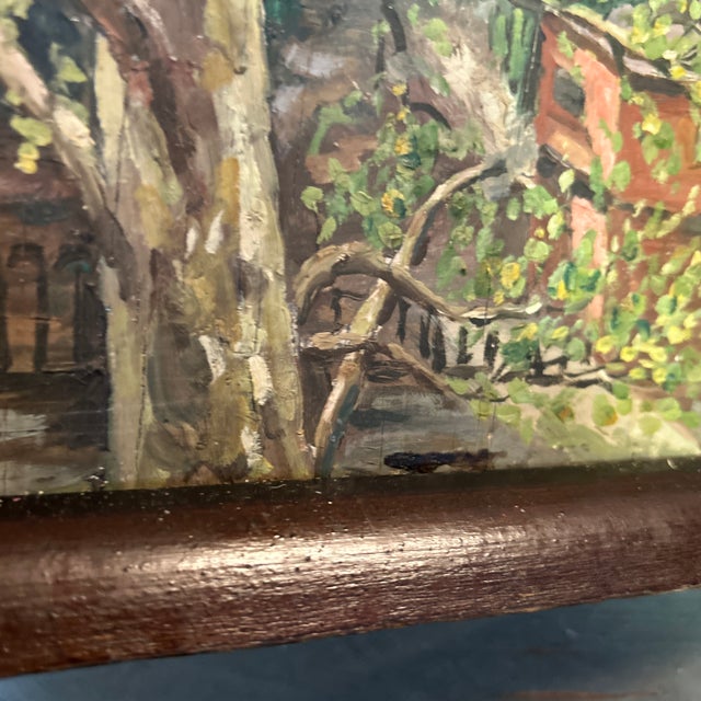 1950s 1950’s Original Impressionist Tall Tree & Cityscape Painting For Sale - Image 5 of 6