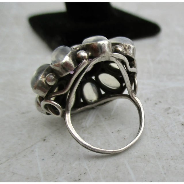 Metal Amythest and MoonStone Floral Silver Cocktail Ring For Sale - Image 7 of 7