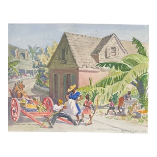 1956 Diana Pullinger Bahamas Street Scene Watercolor For Sale