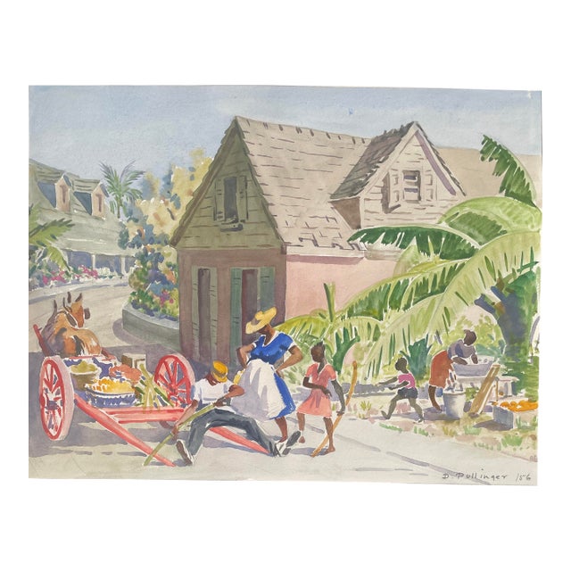 1956 Diana Pullinger Bahamas Street Scene Watercolor For Sale