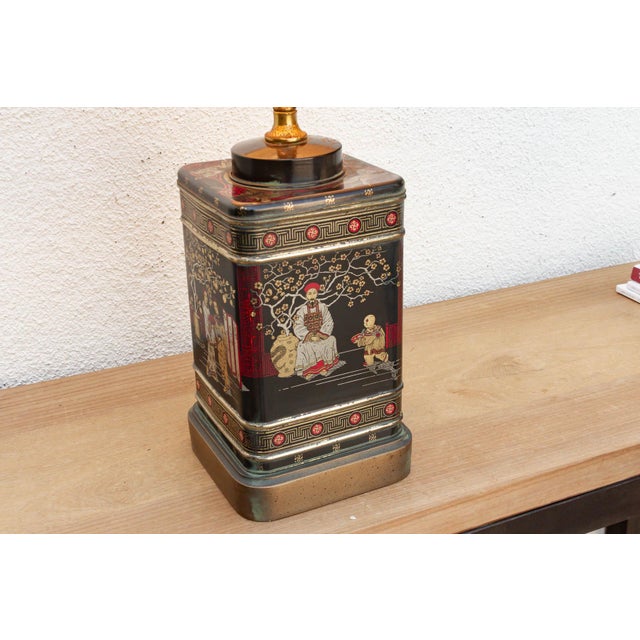 Wood Antique Canton Tea Merchant Tin Lamp For Sale - Image 7 of 9
