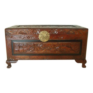 Vintage Chinese Hand Carved Wood Storage Trunk / Blanket Box / Oriental Chest With Brass Embellishments For Sale