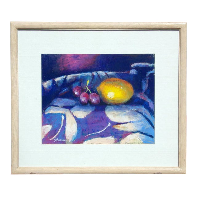 1990s Lemon and Grapes Still Life Pastel Drawing by Rick Stoner, Framed For Sale