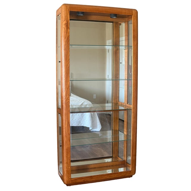 Vintage-Style Tall Oak Curio Display Cabinet W/ Illuminated Glass Shelves, Magnetic Doors & Antique Brass Knobs For Sale - Image 11 of 15