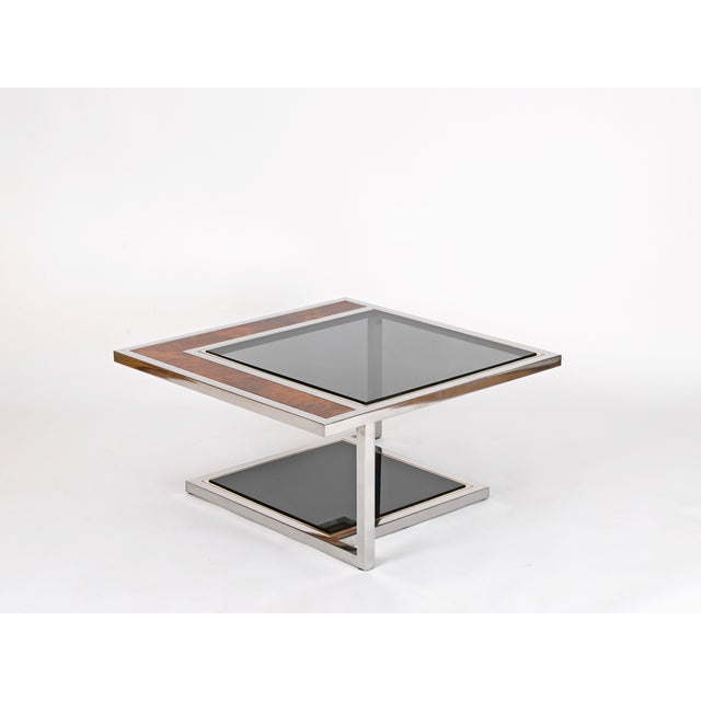 Coffee Table in Chrome, Brass, Burl Wood, and Smoked Glass, Italy, 1970s For Sale - Image 6 of 16