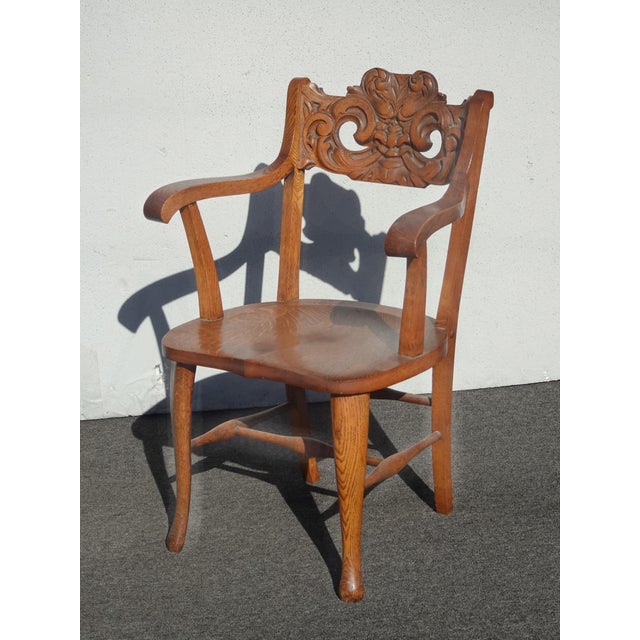 Vintage French Country Brown Oak Carved Arm Chair by Eldredge Co. For Sale - Image 4 of 16