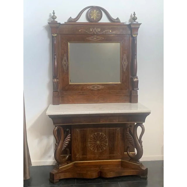 Console & Mirror in Inlaid Walnut with Brass Hardware, Set of 2 For Sale - Image 3 of 17