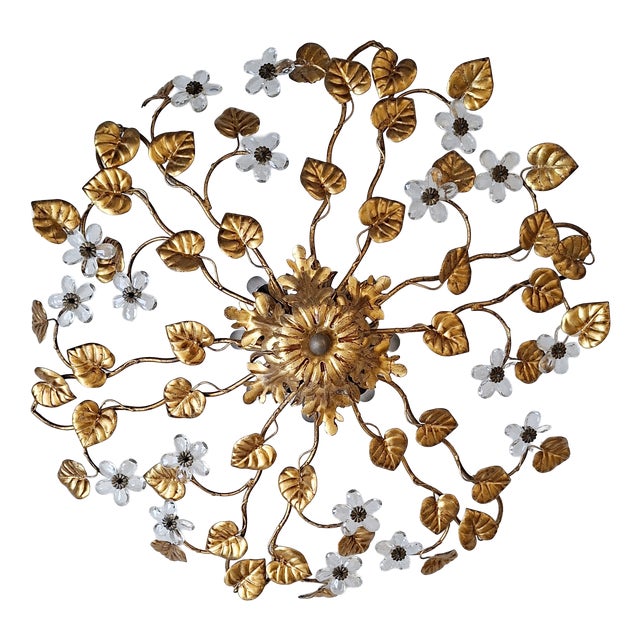 Large Gilt Metal Ceiling Lamp with Leaves and Flowers, 1960s For Sale