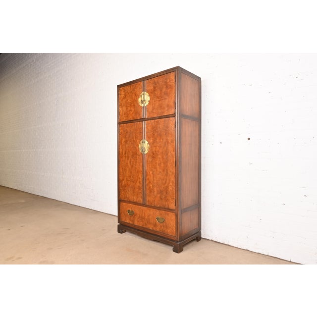 Mid-Century Modern Drexel Heritage Hollywood Regency Chinoiserie Burl Wood Armoire Dresser or Bar Cabinet, Circa 1970s For Sale - Image 3 of 11
