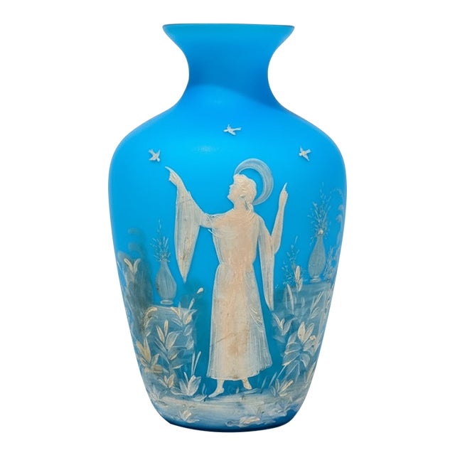 Antique Bohemian Cased Sky Blue Enamel Painted Glass Vase, Classical Figure Scene For Sale