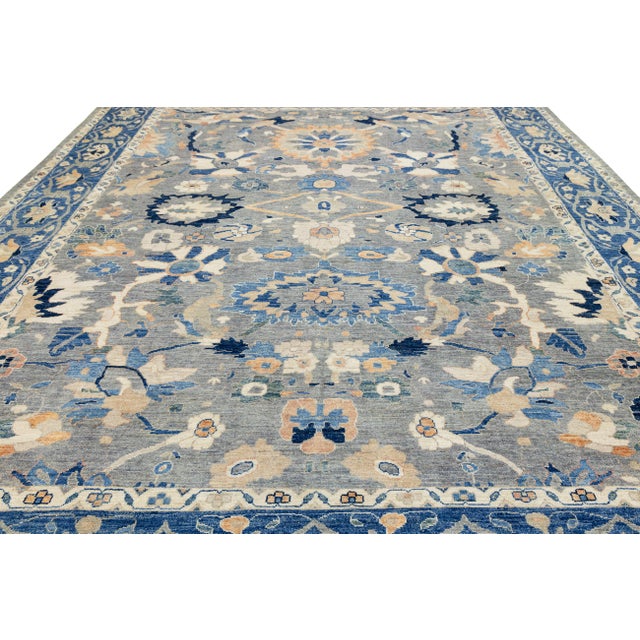 Modern 12x15 Modern Floral Oushak Style Wool Area Rug in Muted Slate Blue For Sale - Image 3 of 11