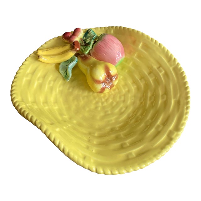 Vintage Yellow Majolica Trompe L’Oeil Basketweave Trinket Dish / Catchall For Sale
