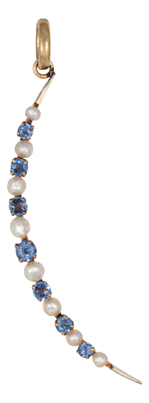Late 19th Century Antique Victorian Crescent Moon Pendant Sapphire Pearl 14k Gold Celestial