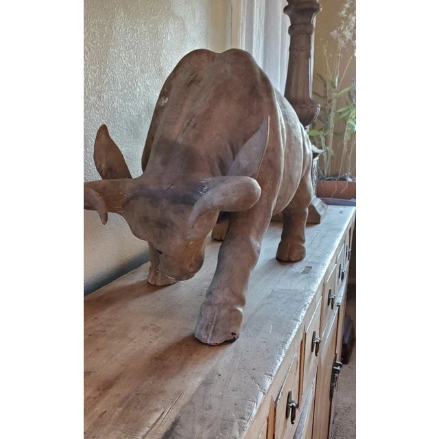Wood Vintage Carved Teak Bull Sculpture For Sale - Image 7 of 13