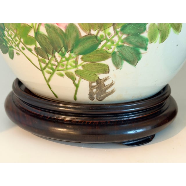 Ceramic Pair of Chinese Famille Rose Chinoiserie Porcelain Handpainted Ginger Jar Table Lamps, Pink and Green Floral With Birds and Calligraphy For Sale - Image 7 of 18