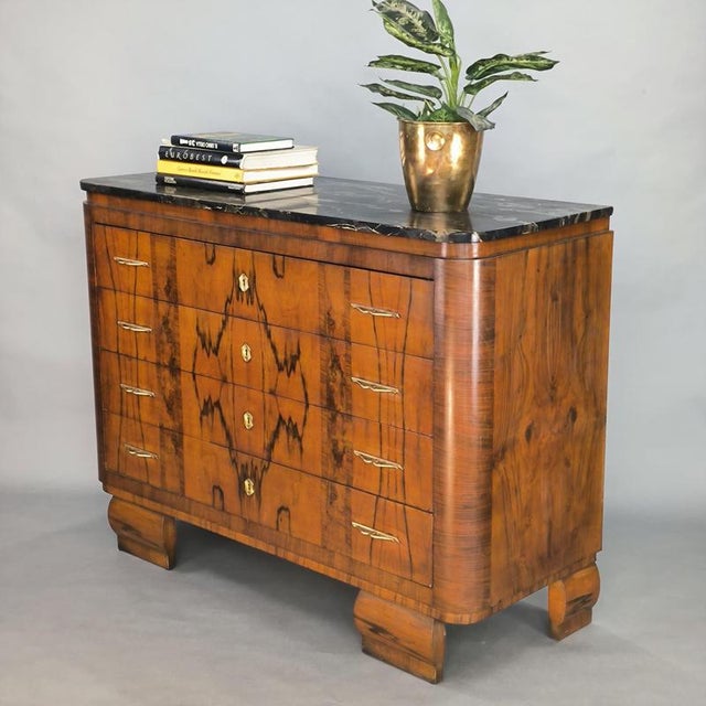 Metal Art Deco Walnut Burl Chest of Drawers with Black Marble Top, 1940s For Sale - Image 7 of 7