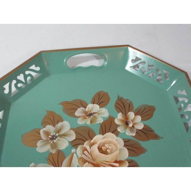 1950s Vintage Hand-Painted Floral Tole Tray For Sale - Image 4 of 8