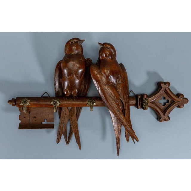 Brown Antique Black Forest Carved Wood Wall Key Holder with Swallow Birds, ca. 1910s For Sale - Image 8 of 18